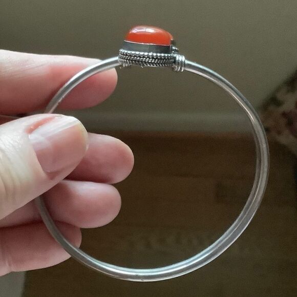 STERLING SILVER 925 RED CARNELIAN BANGLE WOMAN BRACELET - Picture 3 of 11